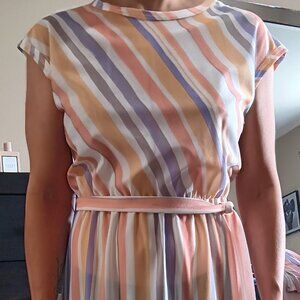 Vintage 70s Striped Secretary Dress Sheer Midi with Belt Vintage/Deadstock NOS